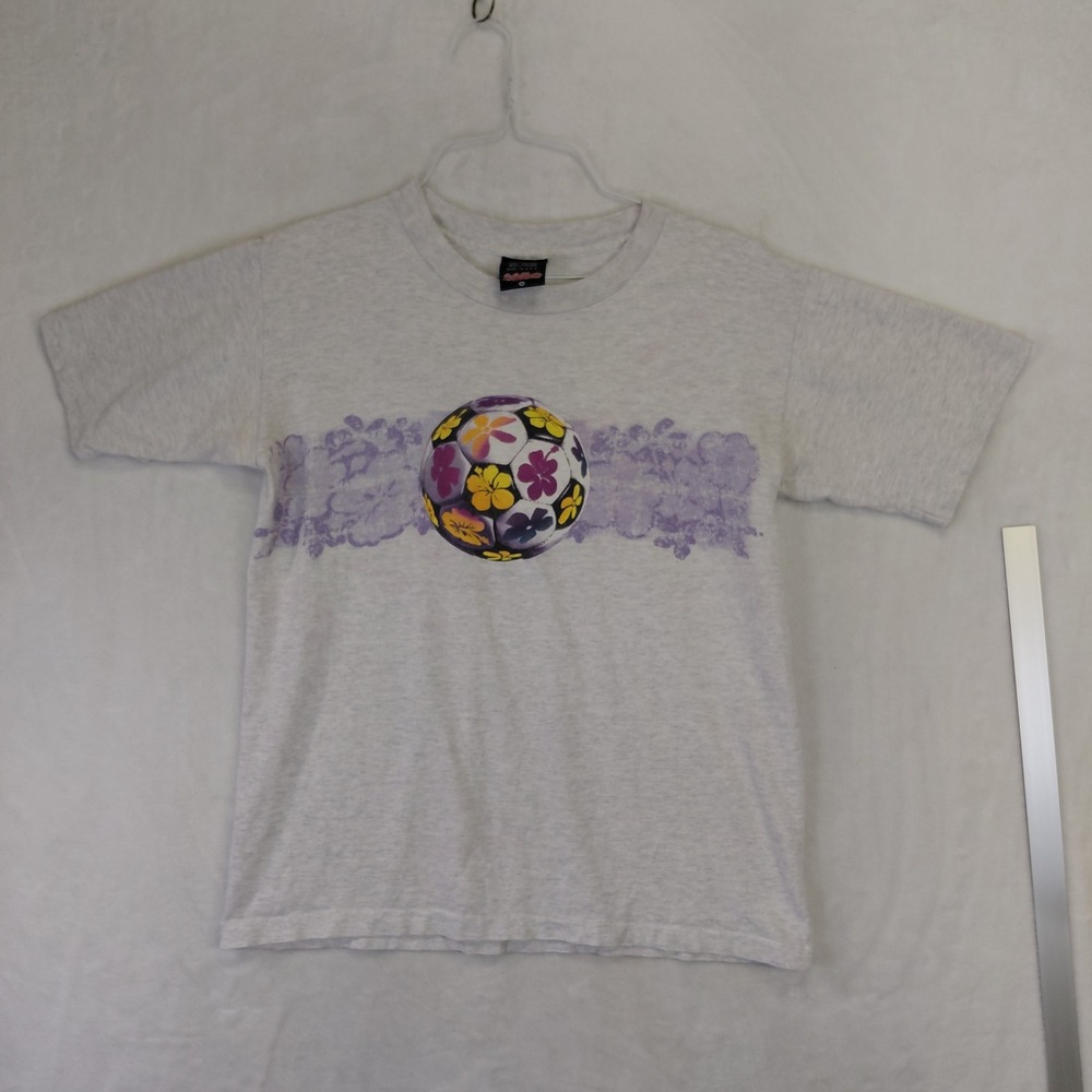 Vintage Big Ball Sports Soccer Floral Graphic Tee Gray Single Stitch 1998 M